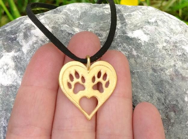 Cat paw print love heart pendant in Polished Gold Steel