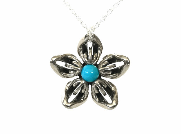 Sleeping Beauty Turquoise Trans Flower Necklace in Polished Bronzed-Silver Steel
