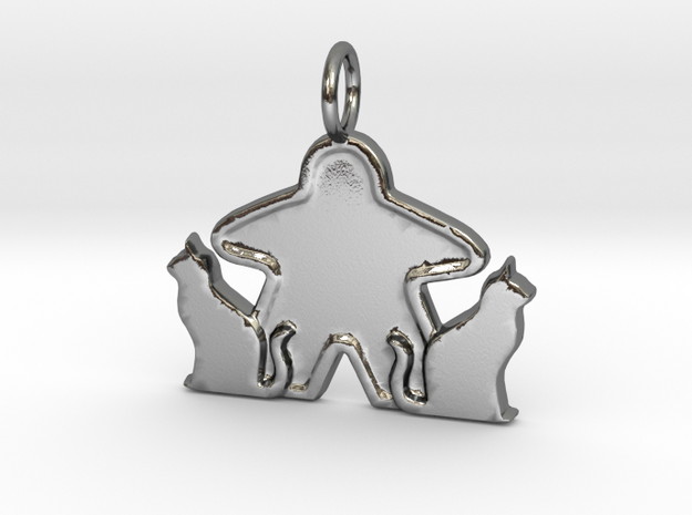 Cat meeple pendant  in Polished Silver