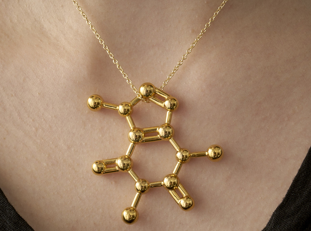 Caffeine molecule Necklace Pendant Big in 14k Gold Plated Brass