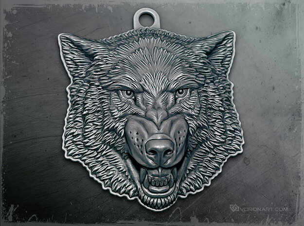 Growling Wolf face relief. Pendant 4cm in Antique Silver