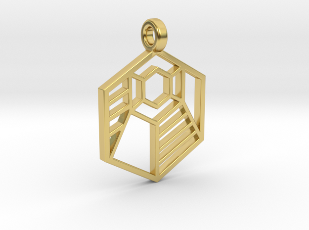 Geometric Striped Hexagon Pendant in Polished Brass