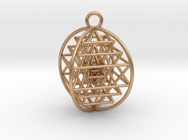 3D Sri Yantra 4 Sided Symmetrical Pendant 1"  in Natural Bronze