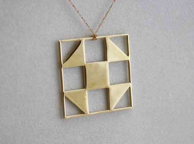 Shoo Fly Quilt Block Pendant in Polished Brass