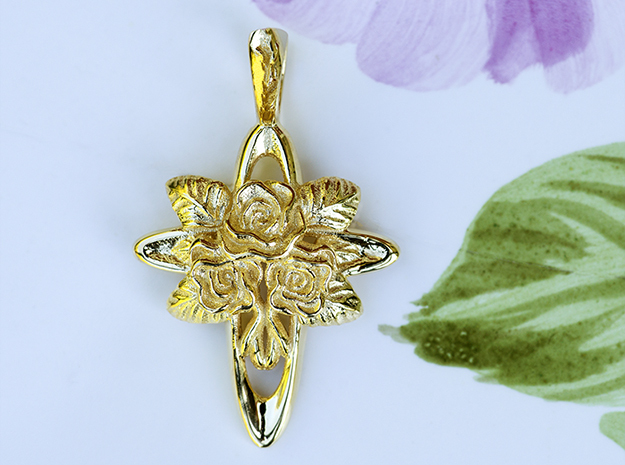 Rose Cross Rosicrucian Floral Pendent in 14k Gold Plated Brass