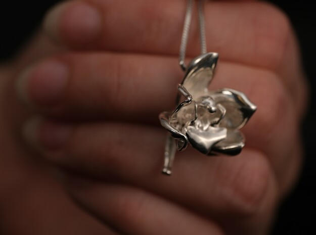 Cymbidium Orchid Pendant in Fine Detail Polished Silver