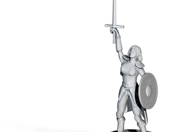 Female Elf Paladin with Sword and Round Shield in Tan Fine Detail Plastic