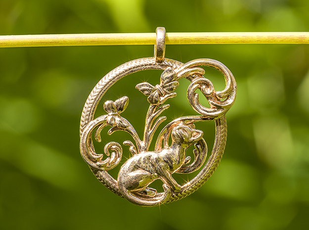 Butterflies and cat in the garden women pendant  in Polished Bronze