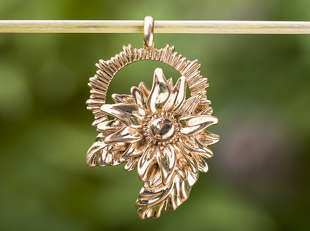 Summer Flower Sunflower Necklace Pendant in Polished Bronze