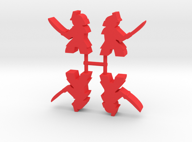 Samurai Meeple, Sword Attack, Side, 4-set in Red Processed Versatile Plastic