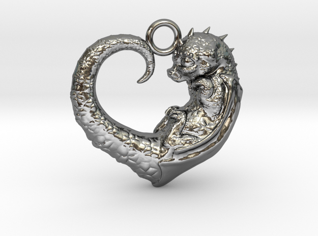 Baby Dragon Heart in Fine Detail Polished Silver