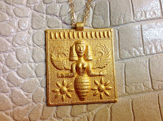 Etruscan Bee Goddess Pendant in Polished Gold Steel