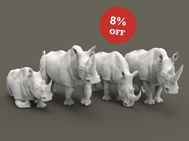 White Rhinoceros Set 1:87 four different pieces in Tan Fine Detail Plastic