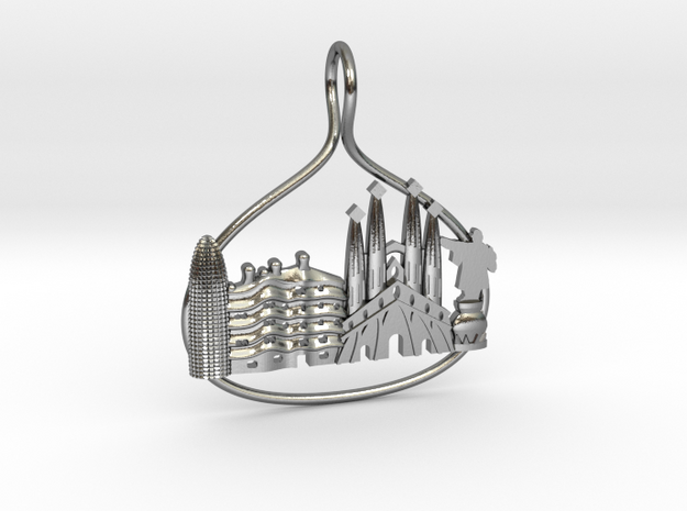 Barcelona Cityscape Skyline Pendant in Polished Silver