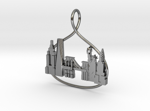 New York Cityscape Skyline Pendant in Polished Silver