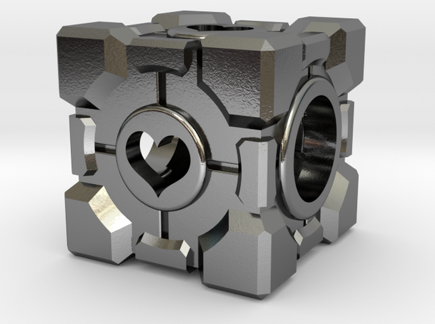 Companion Cube Bead (open hearts) in Polished Silver