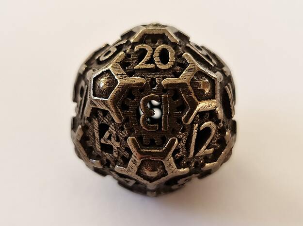 Steampunk spindown D20 hollow in Polished Bronze Steel