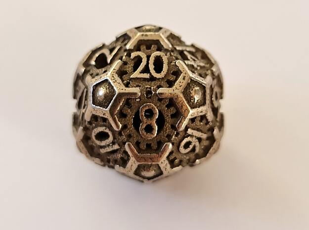 Steampunk D20 hollow in Polished Bronzed-Silver Steel