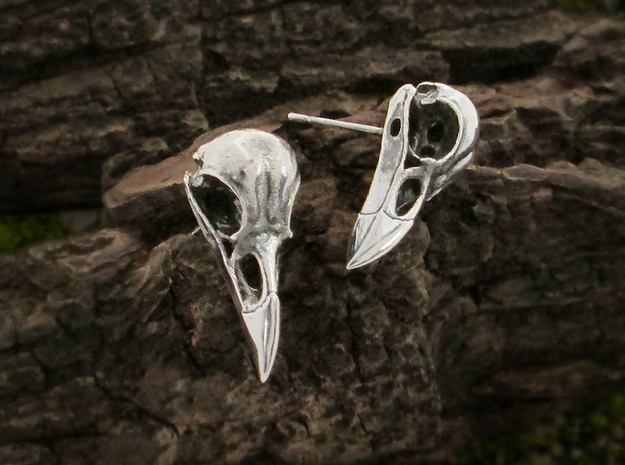 Raven Skull Stud Earrings - Pair in Antique Silver