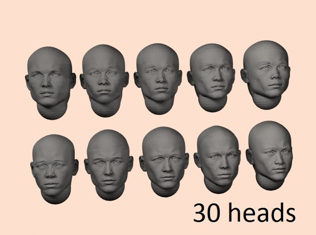 28mm bald asian heads in Tan Fine Detail Plastic