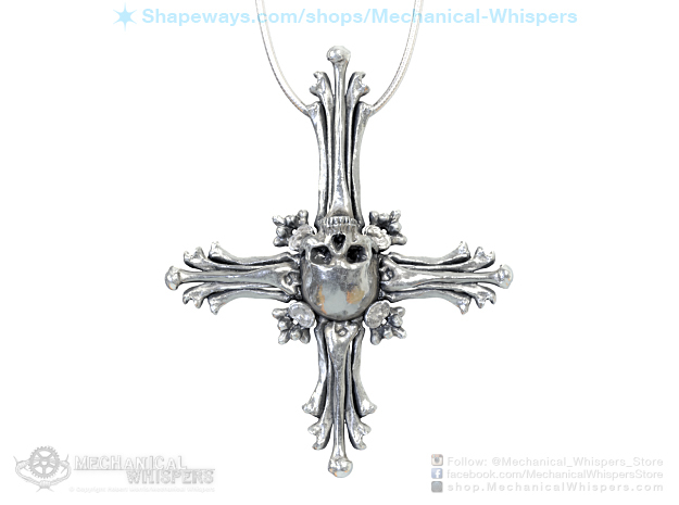 Human Skull Jewelry Pendant Necklace, Cross Bone in Polished Nickel Steel