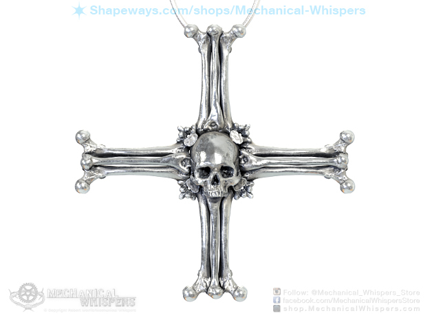 Human Skull Pendant Jewelry Necklace Templar Cross in Polished Bronzed-Silver Steel