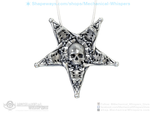 Human Skull Jewelry Pendant Necklace Pentagram in Polished Bronzed-Silver Steel