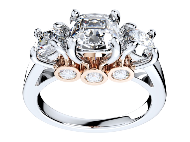 Cushion Side Round Diamonds Trilogy Ring-TCSRD-TP in Smooth Fine Detail Plastic