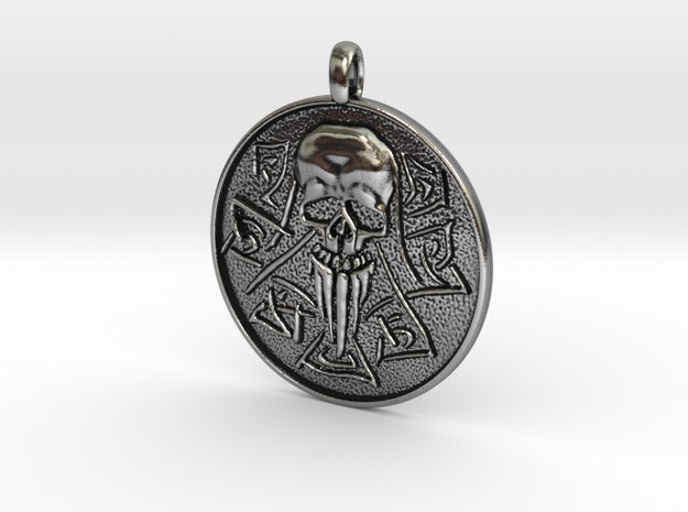 Nordic Silver Skull and Runes Disk Pendant Gift  in Antique Silver