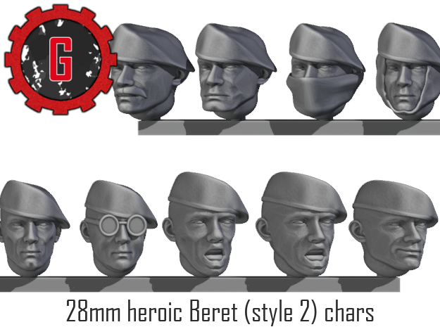 28mm heroic style Beret character heads (style 2) in Tan Fine Detail Plastic: Small