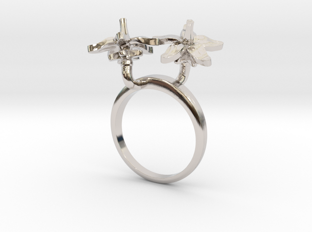 Ring with two small flowers of the Tomato L in Rhodium Plated Brass: 7.25 / 54.625