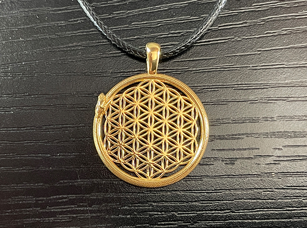 Flower of Life with Ouroboros Pendant in Polished Brass