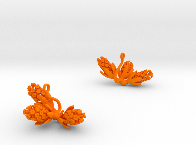 Earrings with three large flowers of the Hyacint in Orange Processed Versatile Plastic