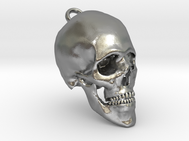 Human Skull With Loop in Natural Silver