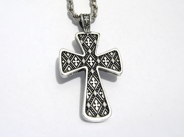 Ornate Cross Pendant - Large in Natural Silver
