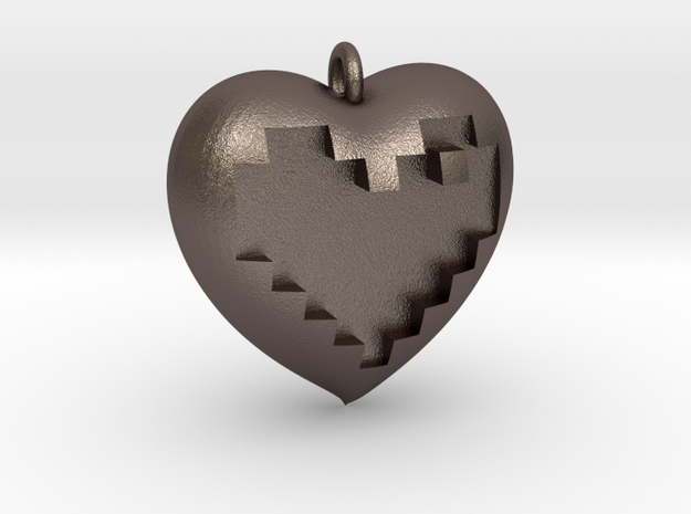 8-bit Heart in Heart Pendant in Polished Bronzed Silver Steel