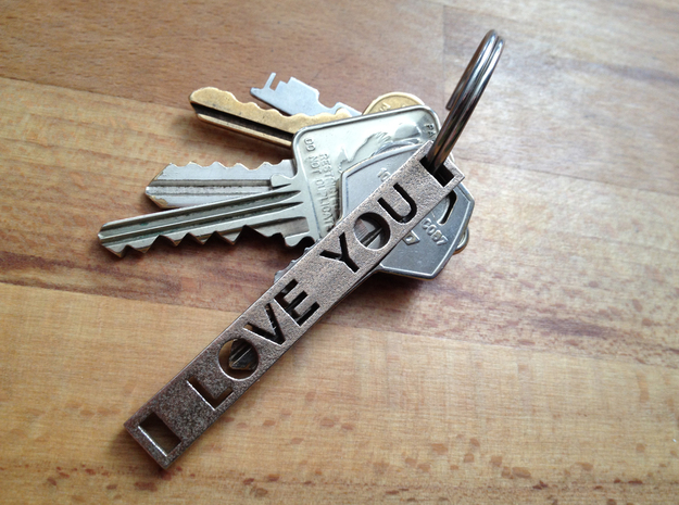 I Love You Key Chain in Polished Bronzed Silver Steel