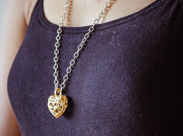 Heart Pendant - Wireframe in Polished Gold Steel