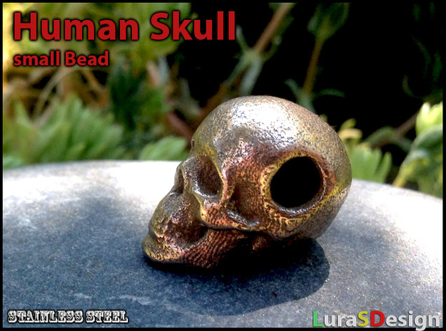 Human Skull Bead - small in Polished Bronzed Silver Steel