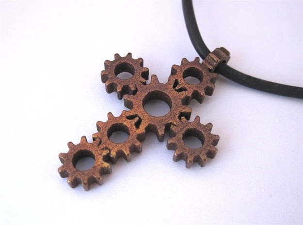 Steampunk Gear Cross - Static in Polished Bronze Steel