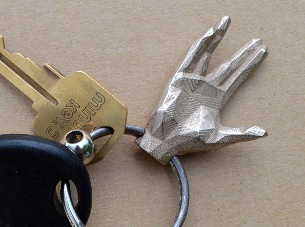 Faceted Spock Hand Keychain - Vulcan salute in Polished Bronzed Silver Steel