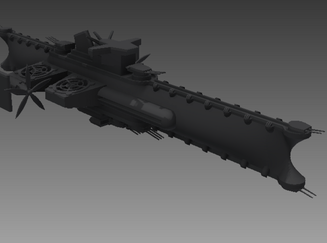 The LLK as she appears in flight.  Note that the guns are made to scale in this rendering, but I had to make them much thicker in the STL file in order to be printed at 1/1000 scale.