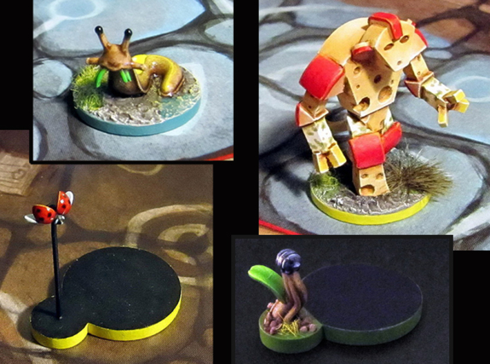 Cheese Golem, Ladybug, 4 Slugs, Doodlebug - M&amp;M 3d printed Hand-painted models, after ladybug assembly (game board with flagstones copyright Plaid Hat Games)