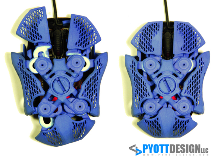 Statial Adjustable Mouse 3d printed Assembled with surfaces extended (left) and not adjusted (right)