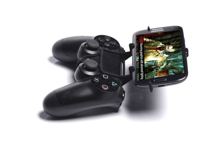Controller mount for PS4 &amp; Wiko Ridge Fab 4G 3d printed Side View - A Samsung Galaxy S3 and a black PS4 controller