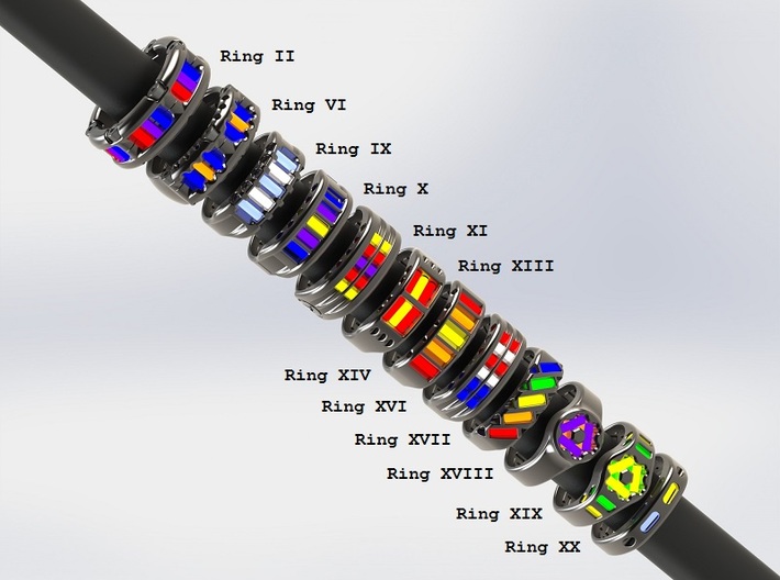 US10.25 Ring XXI: Tritium 3d printed This render shows the various ring designs that can made available and possible tritium vial arrangements.