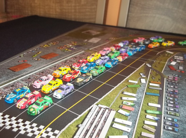 Miniature cars, NASCAR (42 pcs) 3d printed Hand-painted White Strong Flexible. Picture courtesy of descolado1 on BGG.
