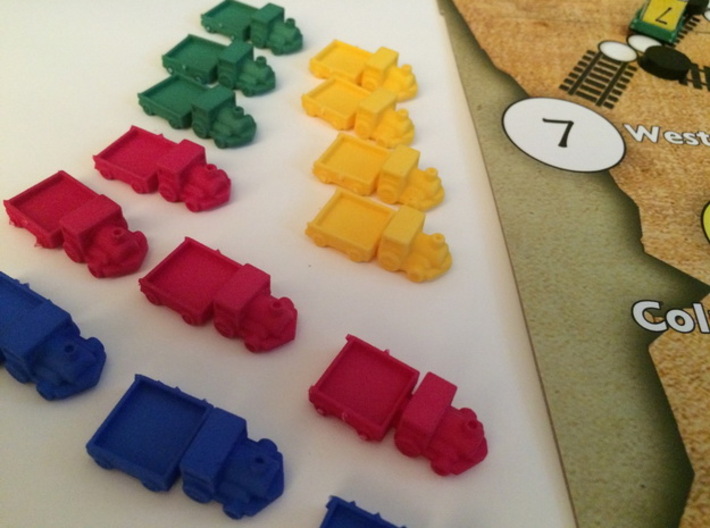 Trains (6 pcs) 3d printed Polished Strong Flexible (blue, red, yellow, green). Pic courtesy of David Thompson