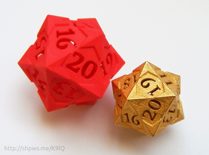 'Starry' D20 Spindown Life Counter Die 3d printed A size comparison between this version and the larger version printed in plastic.