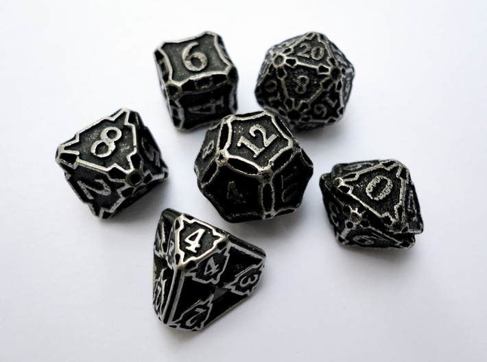Premier Dice Set 3d printed In stainless steel and inked.